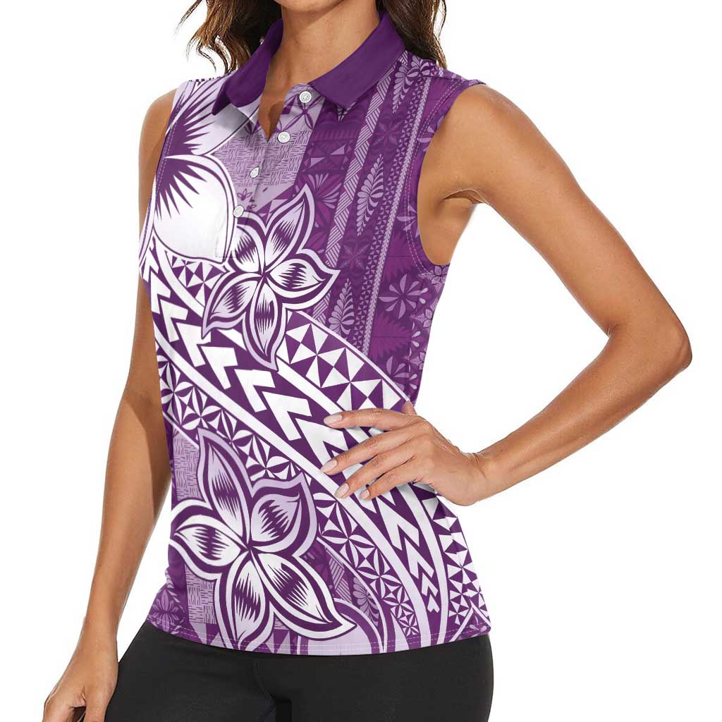 Tonga Kupesi Ngatu Women Sleeveless Polo Shirt Vintage Purple Plumeria LT05 - Polynesian Pride