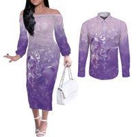 Lupus Awareness Month Couples Matching Off The Shoulder Long Sleeve Dress and Long Sleeve Button Shirt Polynesian Style LT05 Lilac - Polynesian Pride