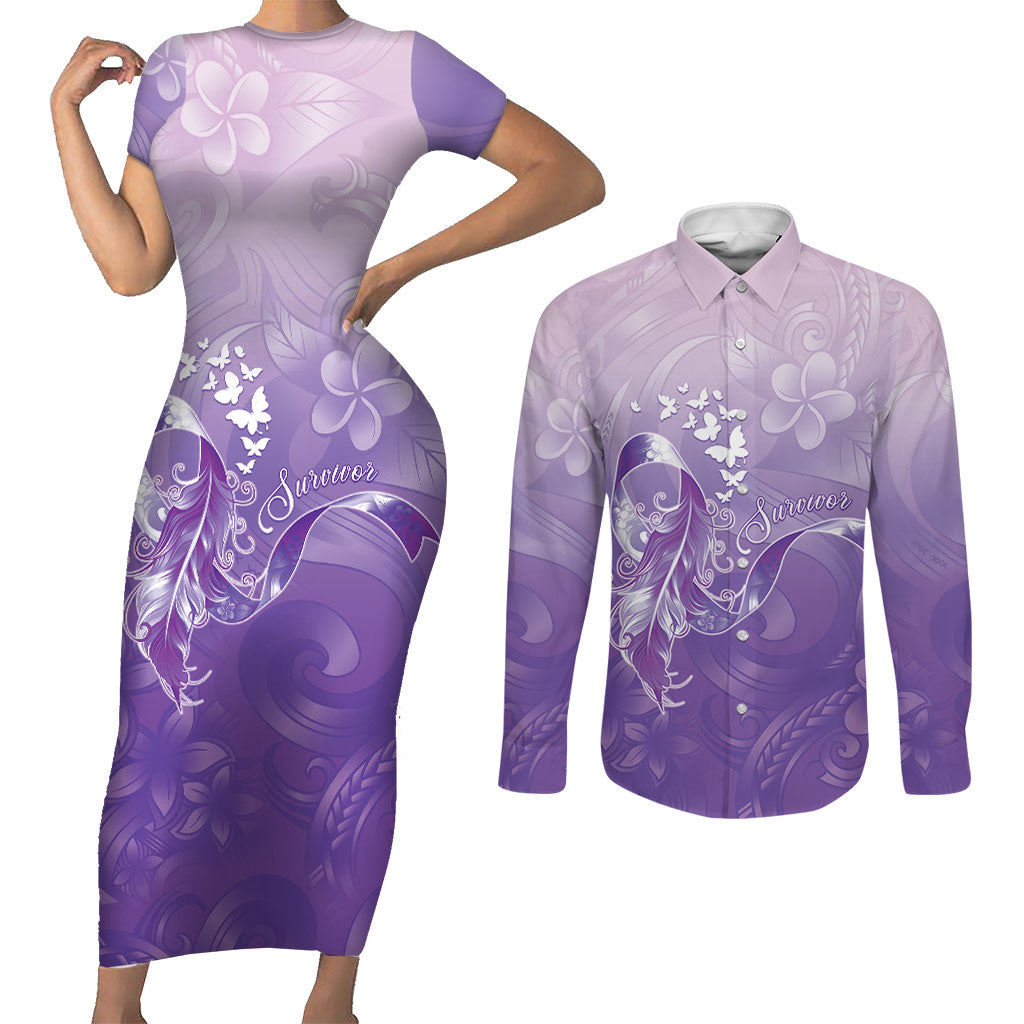 Lupus Awareness Month Couples Matching Short Sleeve Bodycon Dress and Long Sleeve Button Shirt Polynesian Style LT05 Lilac - Polynesian Pride