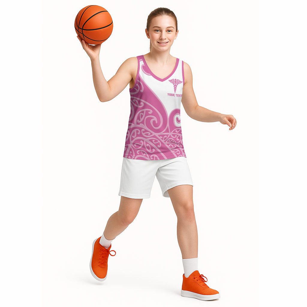 Personalised New Zealand Nurse Basketball Jersey Maori Koru Pink Version