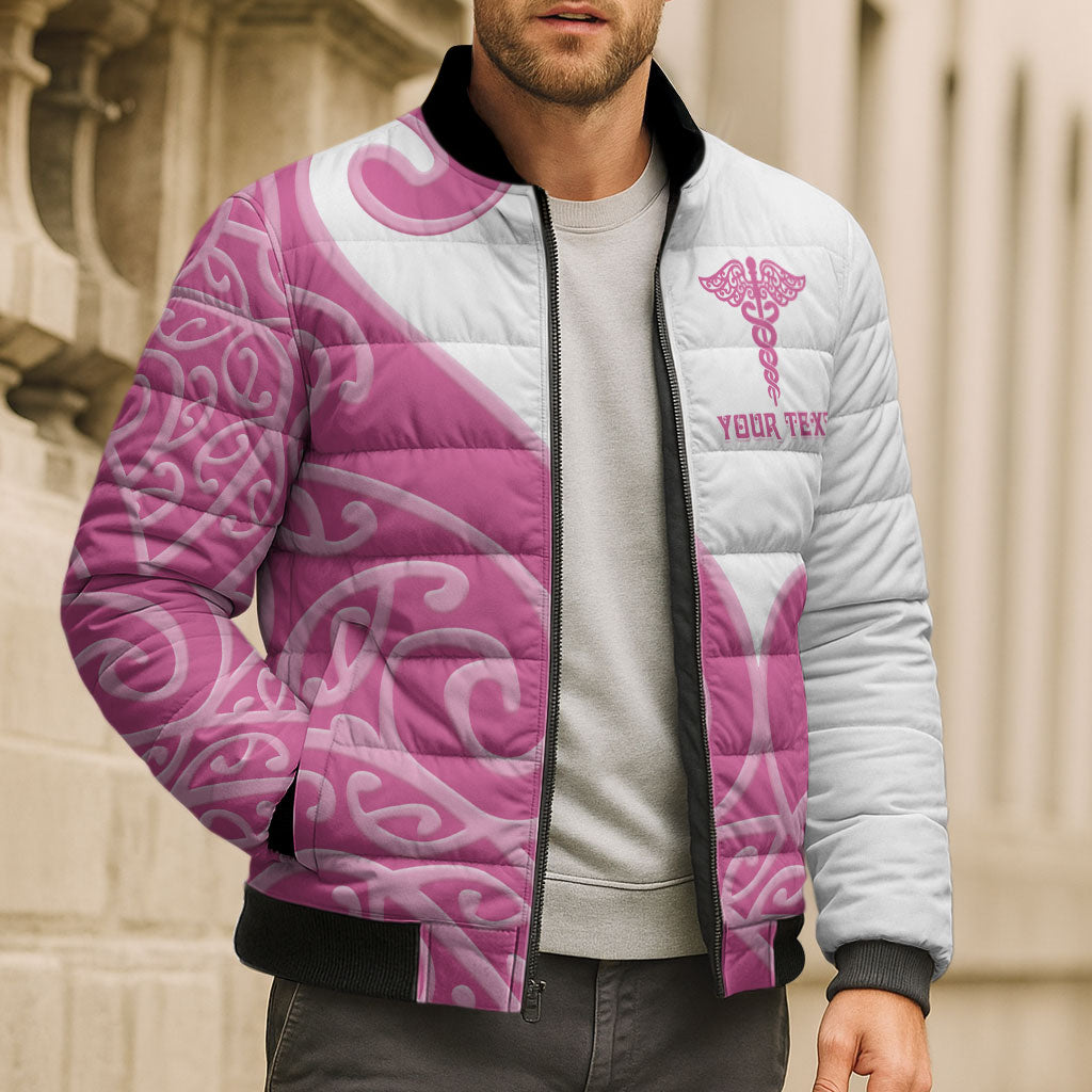 Personalised New Zealand Nurse Bomber Puffer Jacket Maori Koru Pink Version