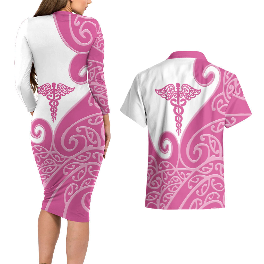 Personalised New Zealand Nurse Couples Matching Long Sleeve Bodycon Dress and Hawaiian Shirt Maori Koru Pink Version