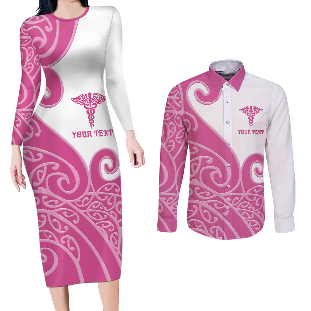 Personalised New Zealand Nurse Couples Matching Long Sleeve Bodycon Dress and Long Sleeve Button Shirt Maori Koru Pink Version