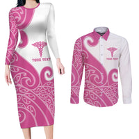 Personalised New Zealand Nurse Couples Matching Long Sleeve Bodycon Dress and Long Sleeve Button Shirt Maori Koru Pink Version