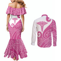 Personalised New Zealand Nurse Couples Matching Mermaid Dress and Long Sleeve Button Shirt Maori Koru Pink Version