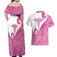Personalised New Zealand Nurse Couples Matching Off Shoulder Maxi Dress and Hawaiian Shirt Maori Koru Pink Version