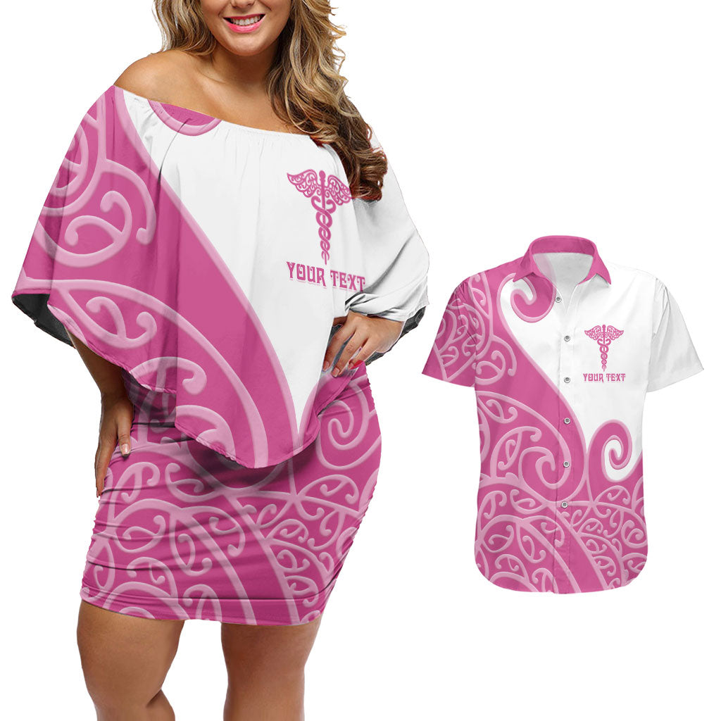 Personalised New Zealand Nurse Couples Matching Off Shoulder Short Dress and Hawaiian Shirt Maori Koru Pink Version