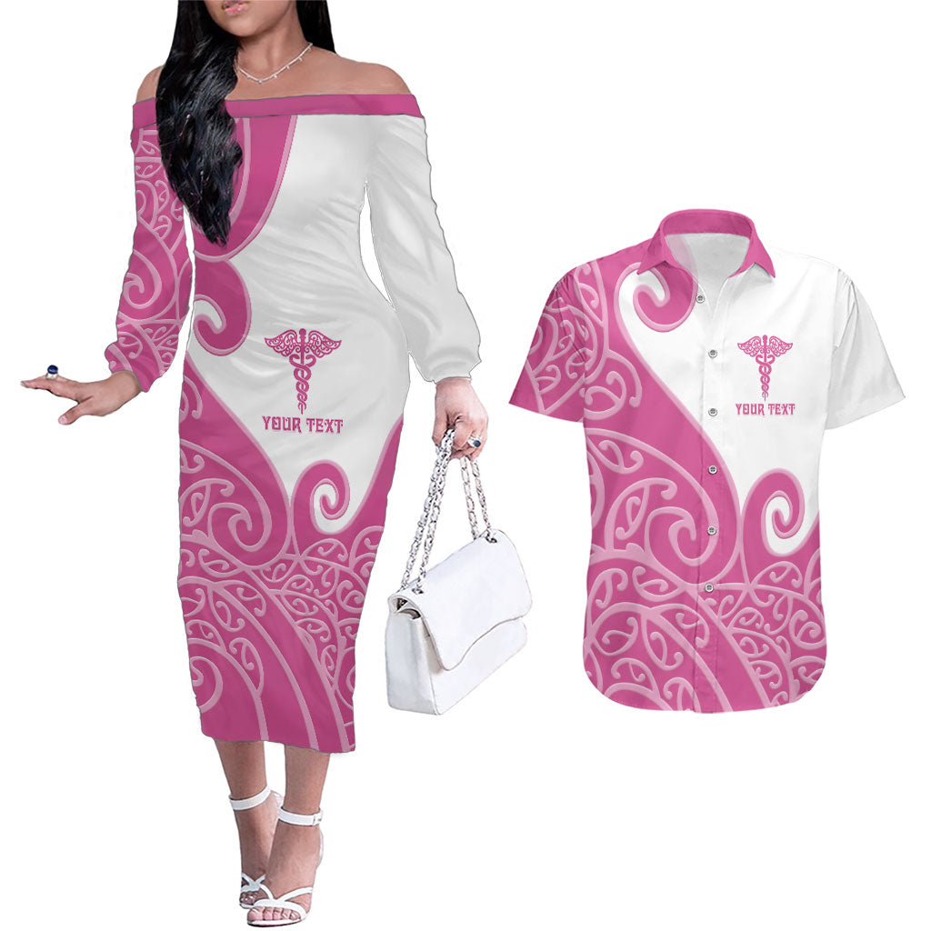 Personalised New Zealand Nurse Couples Matching Off The Shoulder Long Sleeve Dress and Hawaiian Shirt Maori Koru Pink Version LT05 Pink - Polynesian Pride
