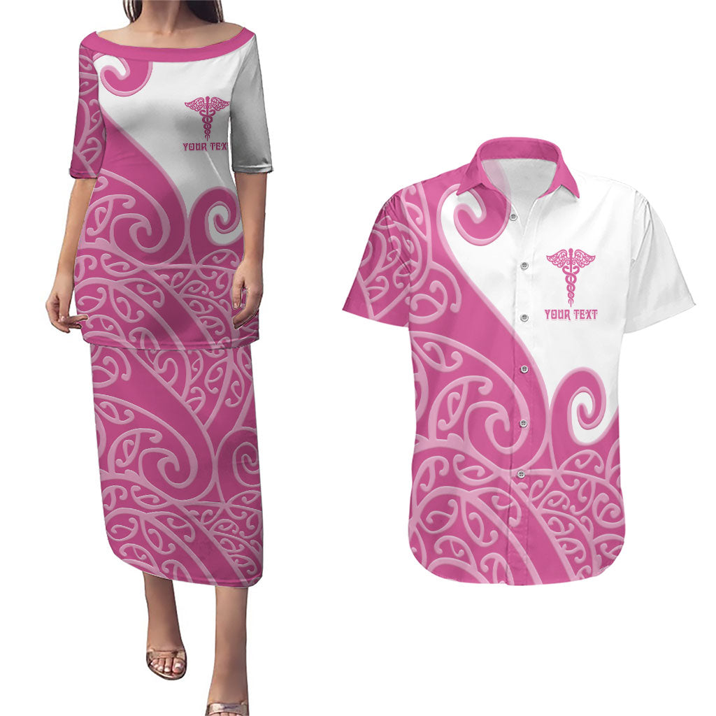 Personalised New Zealand Nurse Couples Matching Puletasi and Hawaiian Shirt Maori Koru Pink Version