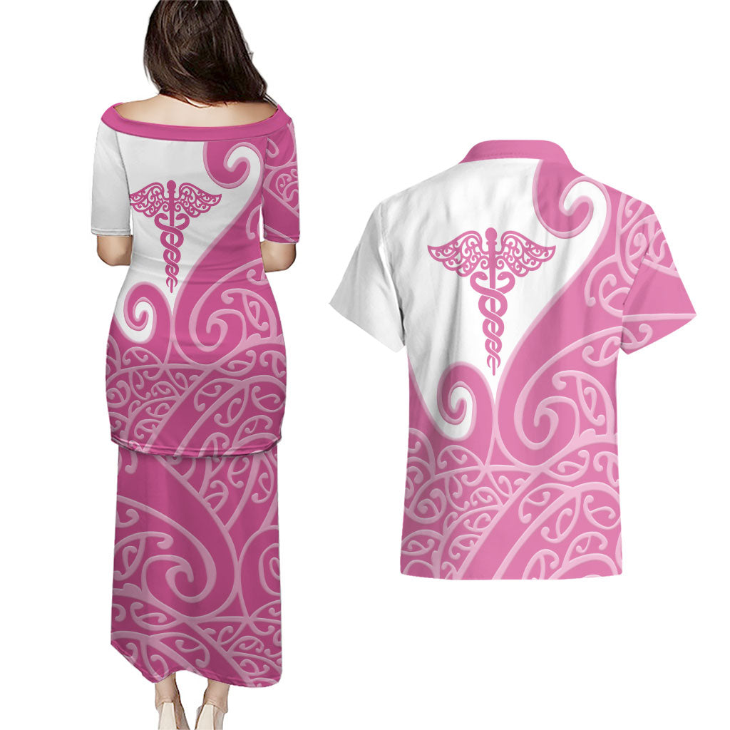 Personalised New Zealand Nurse Couples Matching Puletasi and Hawaiian Shirt Maori Koru Pink Version