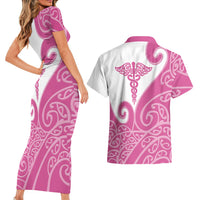 Personalised New Zealand Nurse Couples Matching Short Sleeve Bodycon Dress and Hawaiian Shirt Maori Koru Pink Version