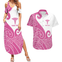 Personalised New Zealand Nurse Couples Matching Summer Maxi Dress and Hawaiian Shirt Maori Koru Pink Version