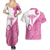 Personalised New Zealand Nurse Couples Matching Summer Maxi Dress and Hawaiian Shirt Maori Koru Pink Version