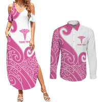 Personalised New Zealand Nurse Couples Matching Summer Maxi Dress and Long Sleeve Button Shirt Maori Koru Pink Version