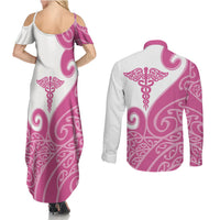 Personalised New Zealand Nurse Couples Matching Summer Maxi Dress and Long Sleeve Button Shirt Maori Koru Pink Version