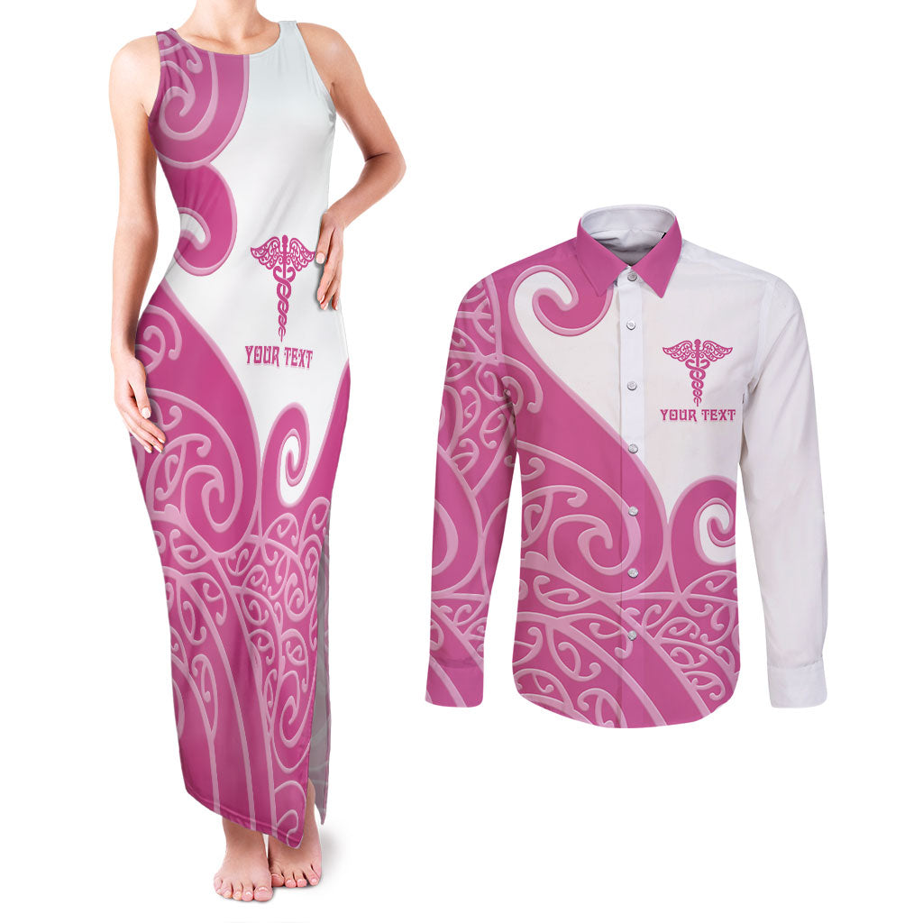 Personalised New Zealand Nurse Couples Matching Tank Maxi Dress and Long Sleeve Button Shirt Maori Koru Pink Version