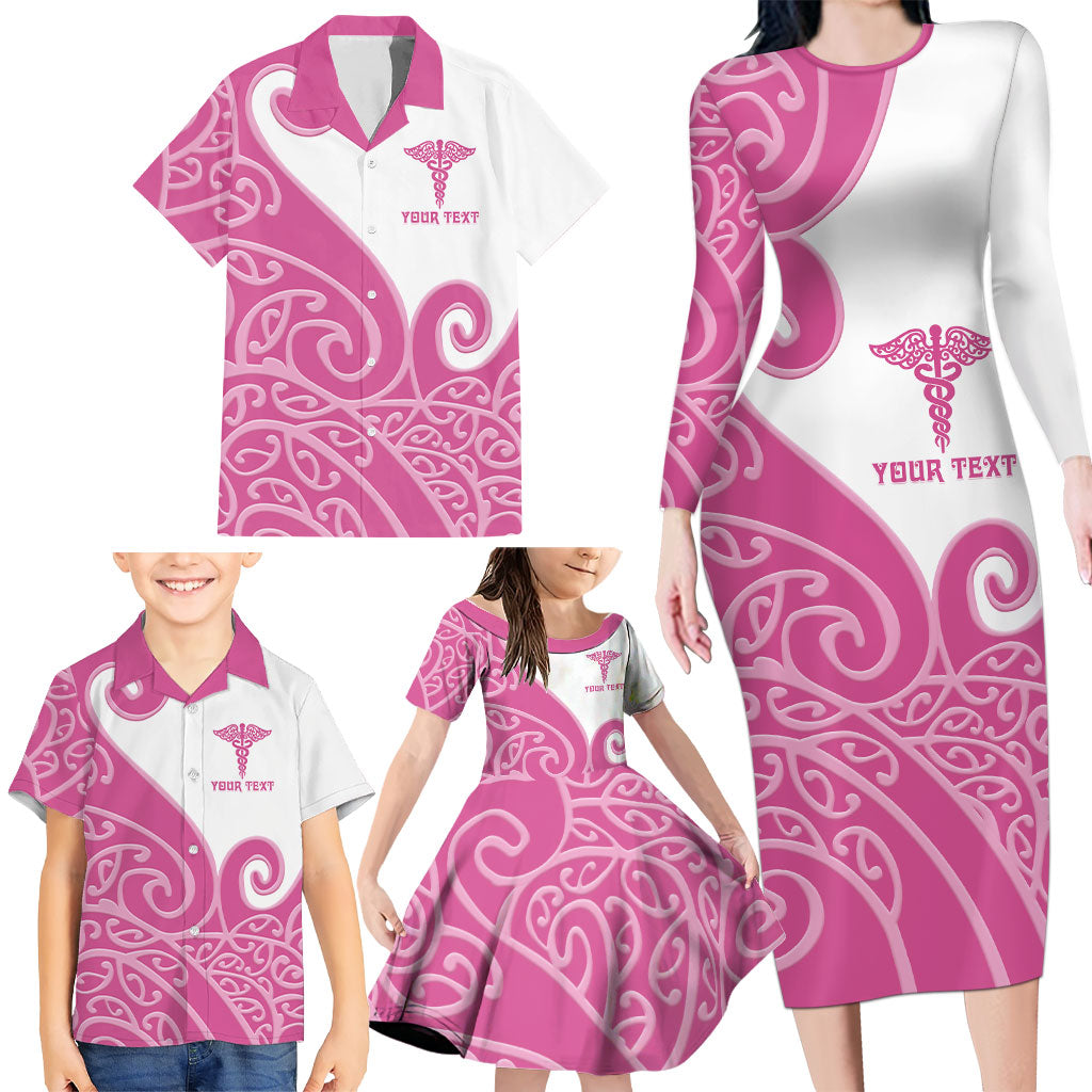 Personalised New Zealand Nurse Family Matching Long Sleeve Bodycon Dress and Hawaiian Shirt Maori Koru Pink Version