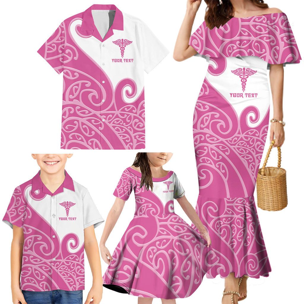 Personalised New Zealand Nurse Family Matching Mermaid Dress and Hawaiian Shirt Maori Koru Pink Version