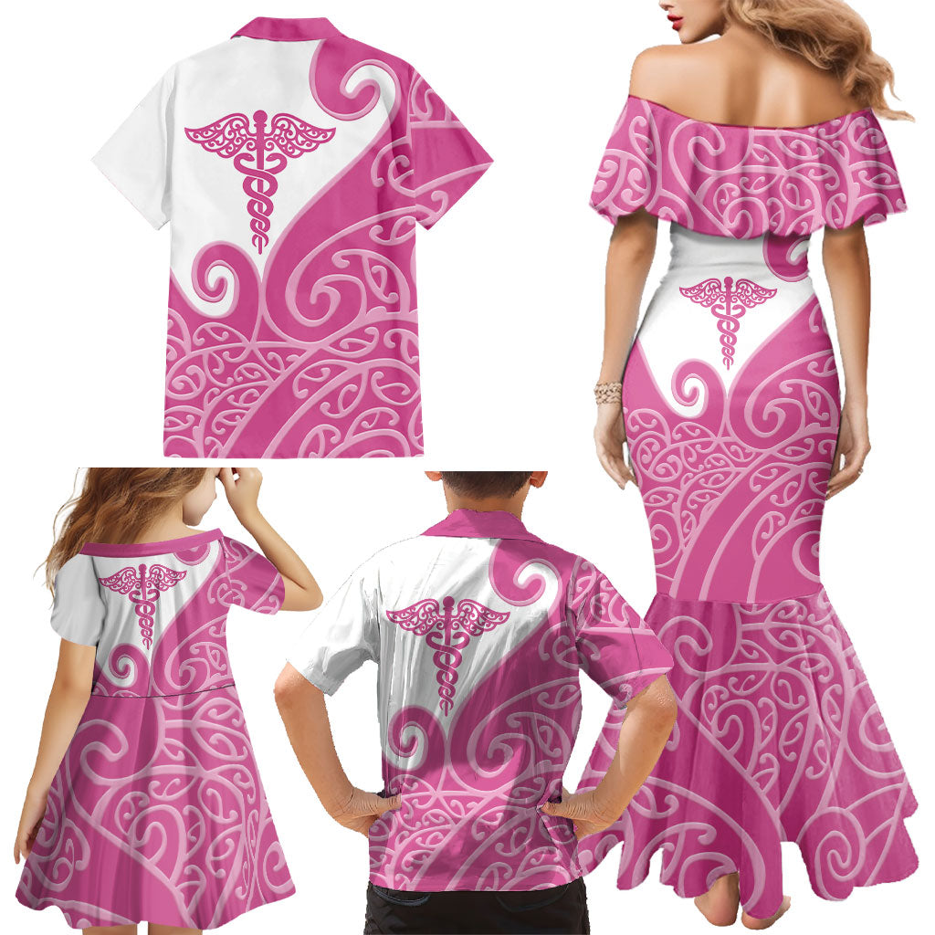Personalised New Zealand Nurse Family Matching Mermaid Dress and Hawaiian Shirt Maori Koru Pink Version