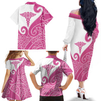 Personalised New Zealand Nurse Family Matching Off The Shoulder Long Sleeve Dress and Hawaiian Shirt Maori Koru Pink Version