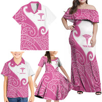 Personalised New Zealand Nurse Family Matching Off Shoulder Maxi Dress and Hawaiian Shirt Maori Koru Pink Version
