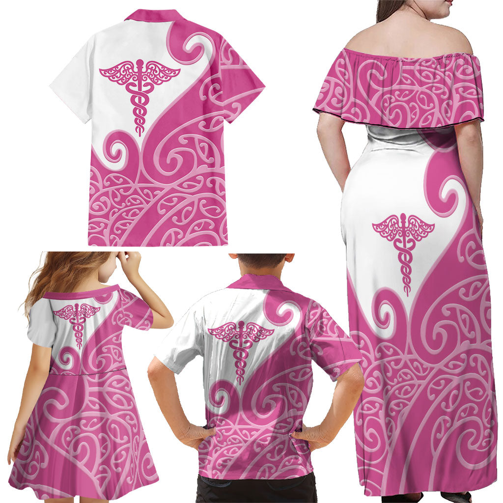 Personalised New Zealand Nurse Family Matching Off Shoulder Maxi Dress and Hawaiian Shirt Maori Koru Pink Version