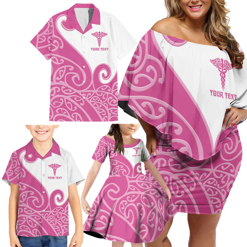 Personalised New Zealand Nurse Family Matching Off Shoulder Short Dress and Hawaiian Shirt Maori Koru Pink Version