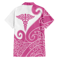 Personalised New Zealand Nurse Family Matching Off Shoulder Short Dress and Hawaiian Shirt Maori Koru Pink Version