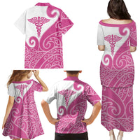 Personalised New Zealand Nurse Family Matching Puletasi and Hawaiian Shirt Maori Koru Pink Version