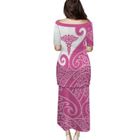 Personalised New Zealand Nurse Family Matching Puletasi and Hawaiian Shirt Maori Koru Pink Version