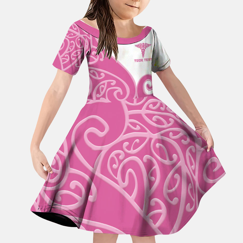 Personalised New Zealand Nurse Family Matching Short Sleeve Bodycon Dress and Hawaiian Shirt Maori Koru Pink Version