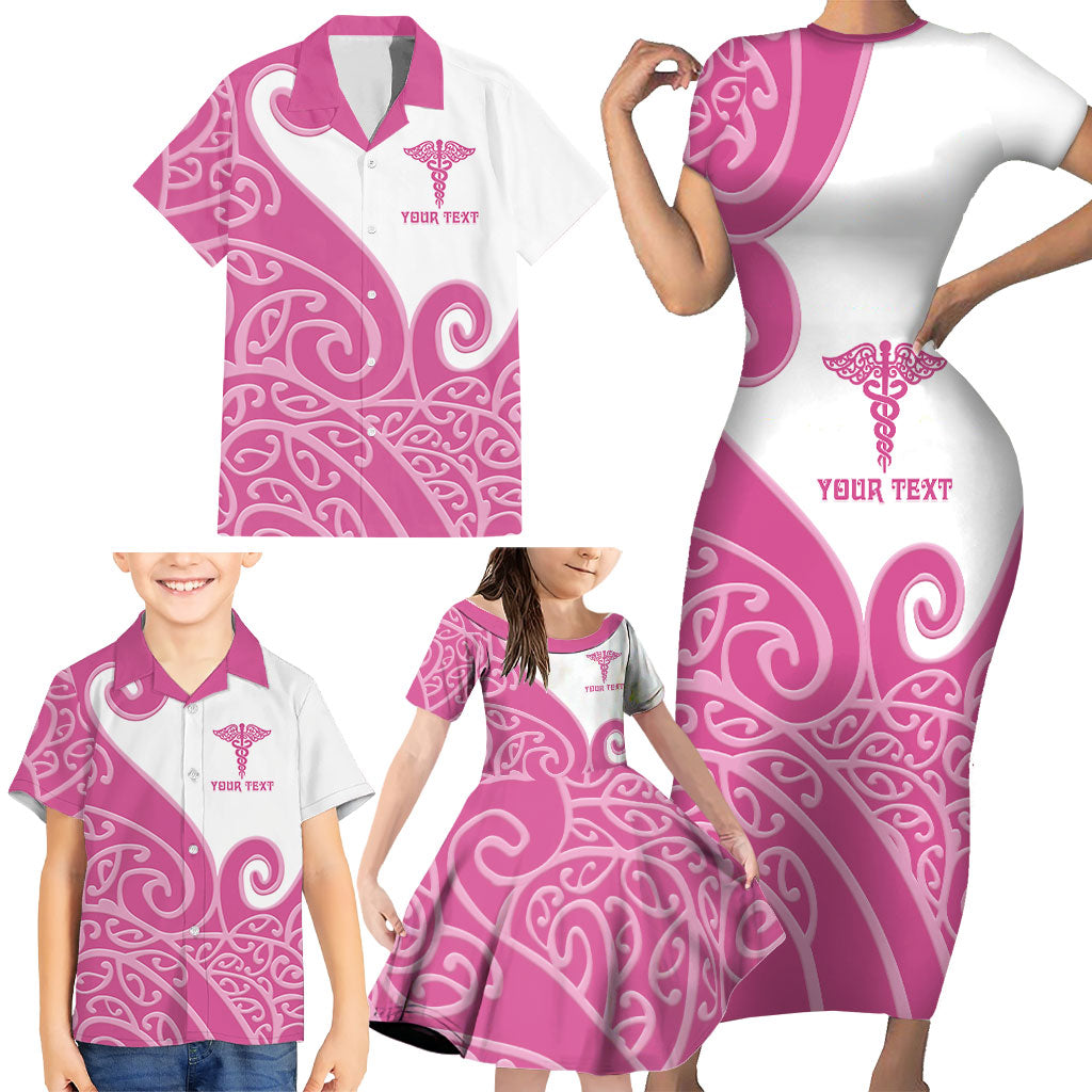 Personalised New Zealand Nurse Family Matching Short Sleeve Bodycon Dress and Hawaiian Shirt Maori Koru Pink Version