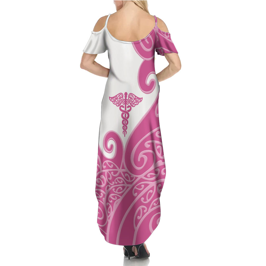 Personalised New Zealand Nurse Family Matching Summer Maxi Dress and Hawaiian Shirt Maori Koru Pink Version