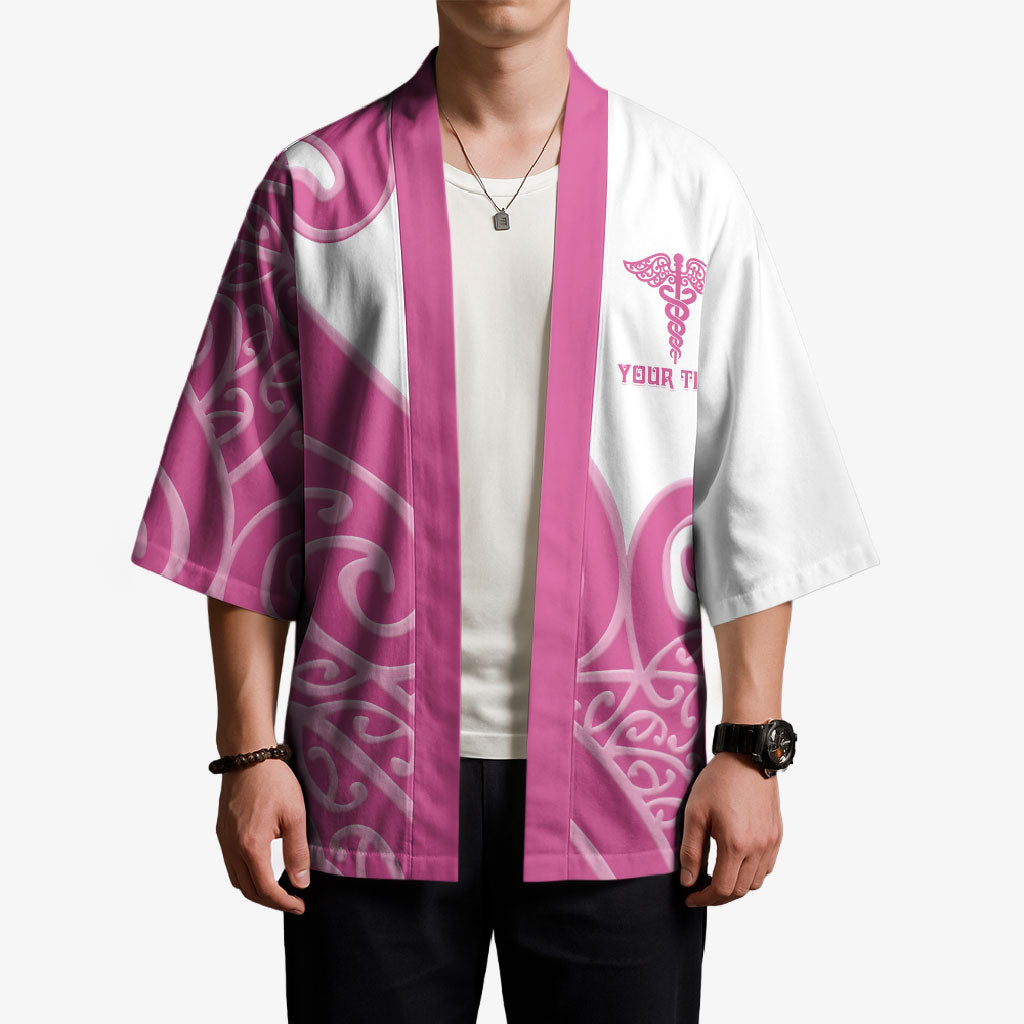Personalised New Zealand Nurse Kimono Maori Koru Pink Version