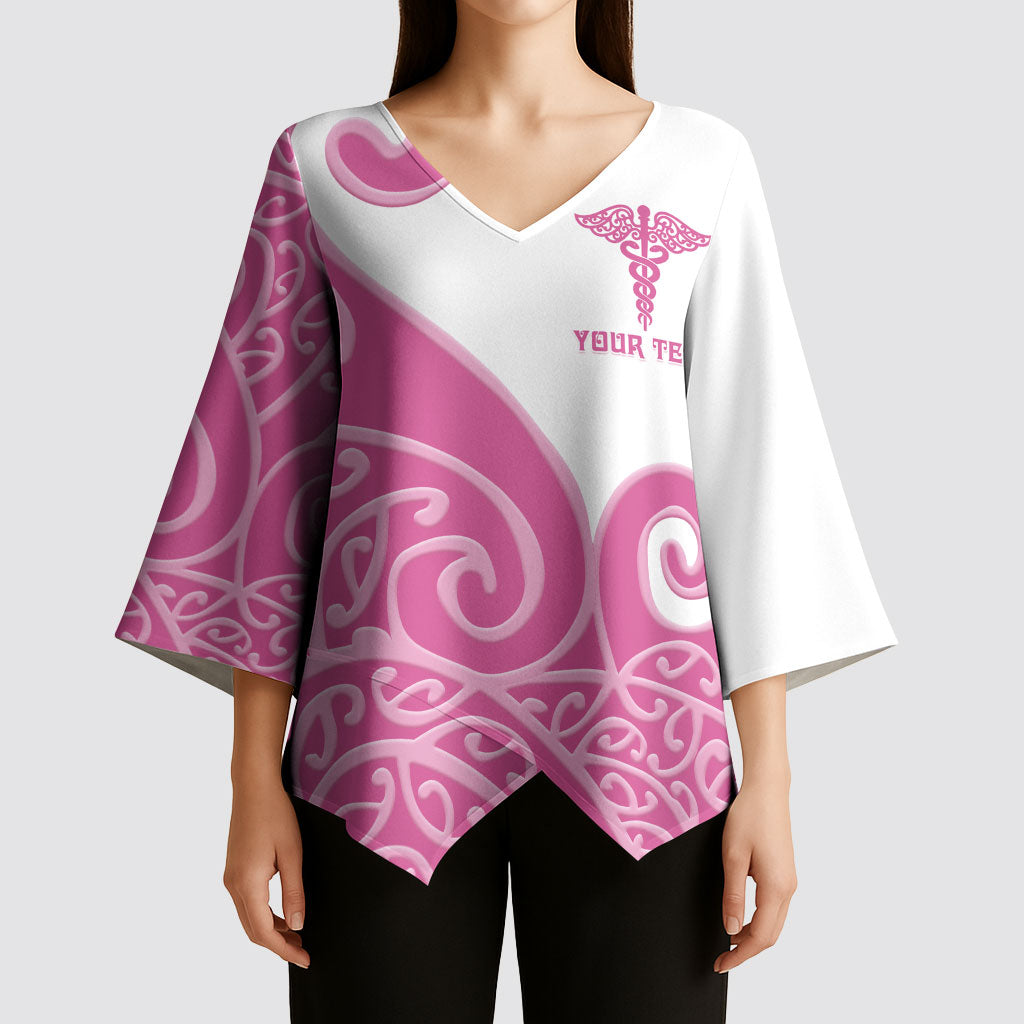 Personalised New Zealand Nurse Kimono Sleeve Blouse Maori Koru Pink Version