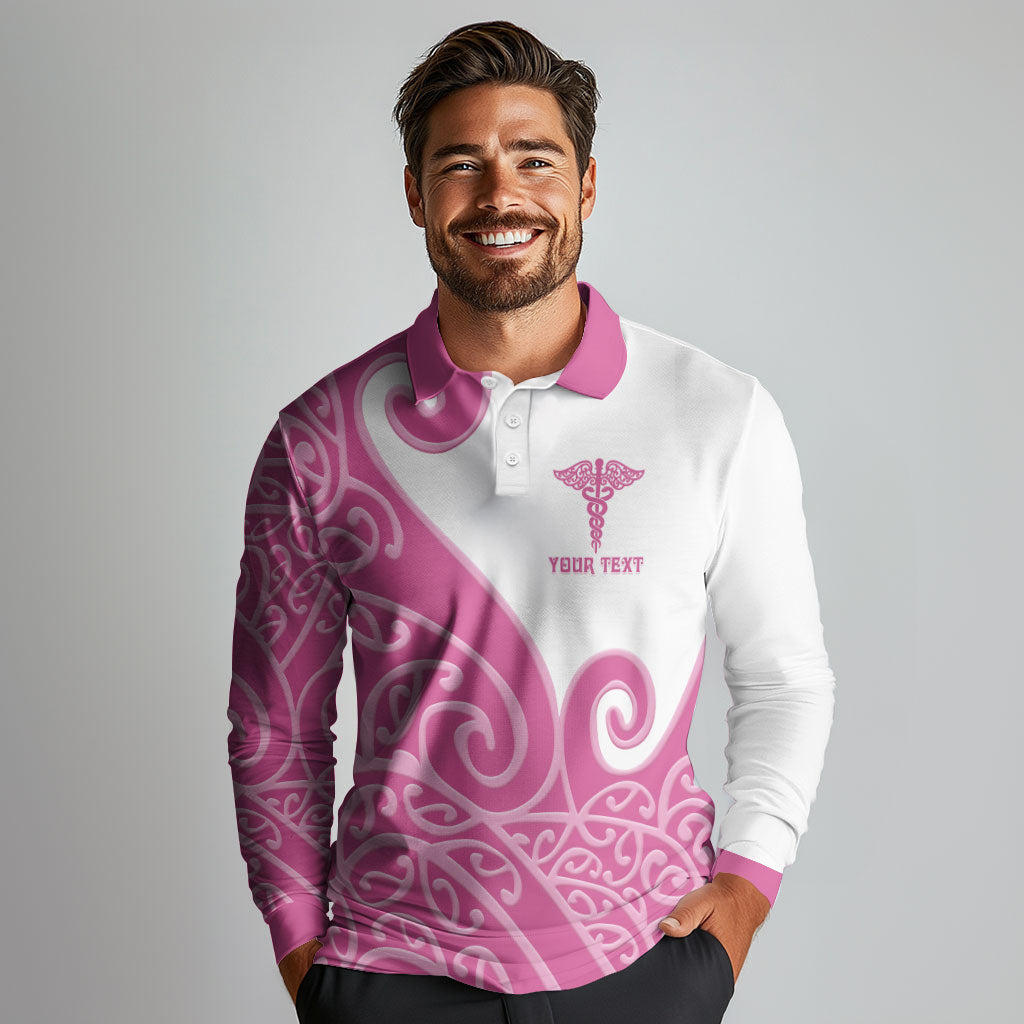 Personalised New Zealand Nurse Long Sleeve Polo Shirt Maori Koru Pink Version