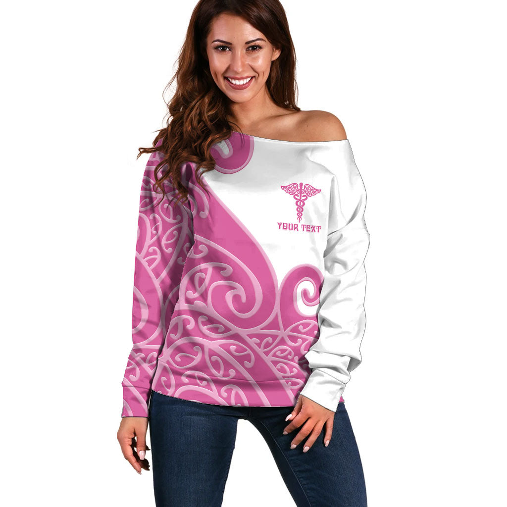 Personalised New Zealand Nurse Off Shoulder Sweater Maori Koru Pink Version LT05 Women Pink - Polynesian Pride