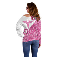 Personalised New Zealand Nurse Off Shoulder Sweater Maori Koru Pink Version LT05 - Polynesian Pride