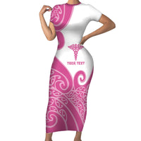 Personalised New Zealand Nurse Short Sleeve Bodycon Dress Maori Koru Pink Version