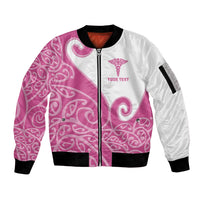 Personalised New Zealand Nurse Sleeve Zip Bomber Jacket Maori Koru Pink Version