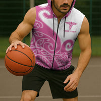 Personalised New Zealand Nurse Sleeveless Zip Hoodie Maori Koru Pink Version