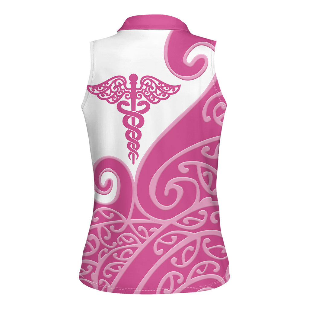 Personalised New Zealand Nurse Women Sleeveless Polo Shirt Maori Koru Pink Version