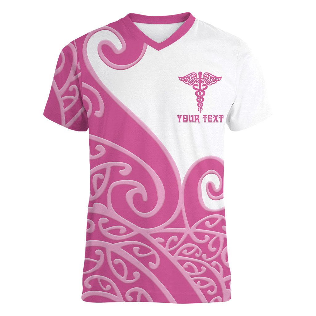 Personalised New Zealand Nurse Women V-Neck T-Shirt Maori Koru Pink Version