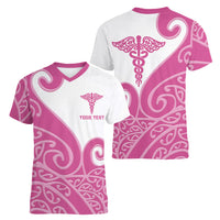 Personalised New Zealand Nurse Women V-Neck T-Shirt Maori Koru Pink Version