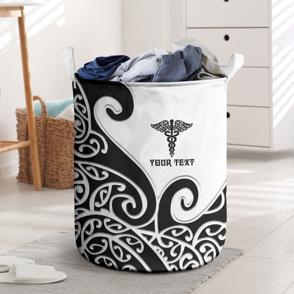 Personalised New Zealand Nurse Laundry Basket Maori Koru Black Version