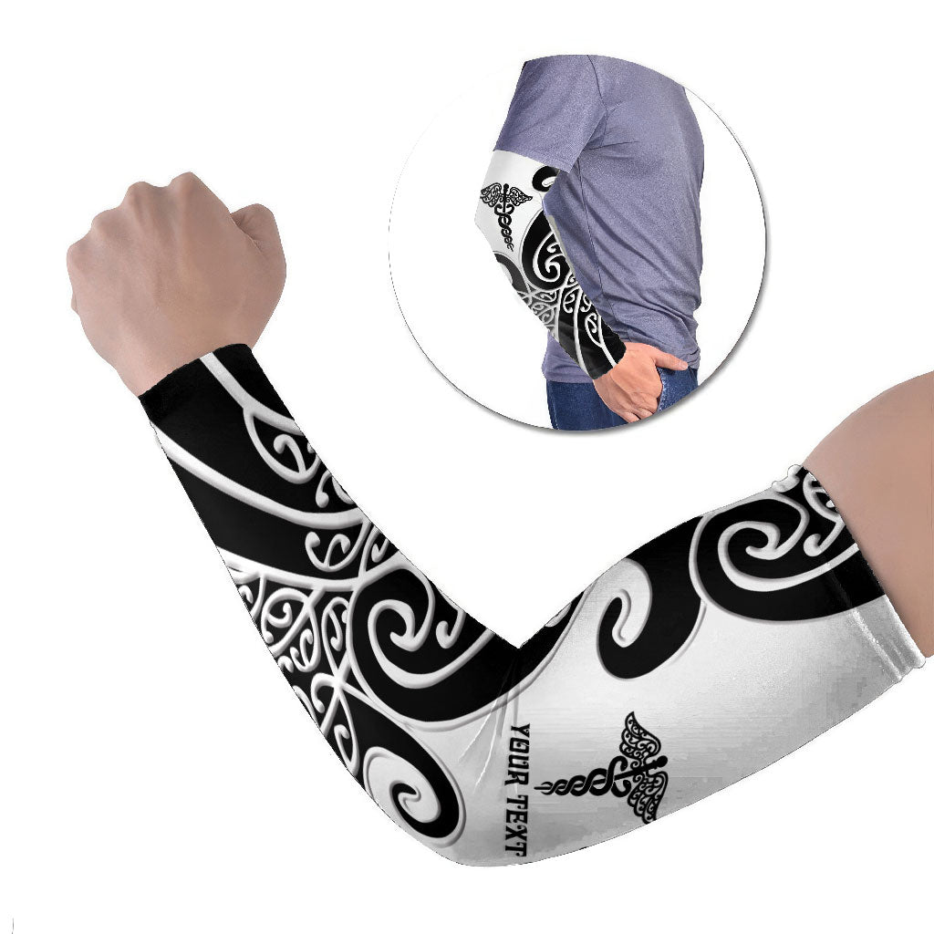 Personalised New Zealand Nurse Arm Sleeves Maori Koru Black Version