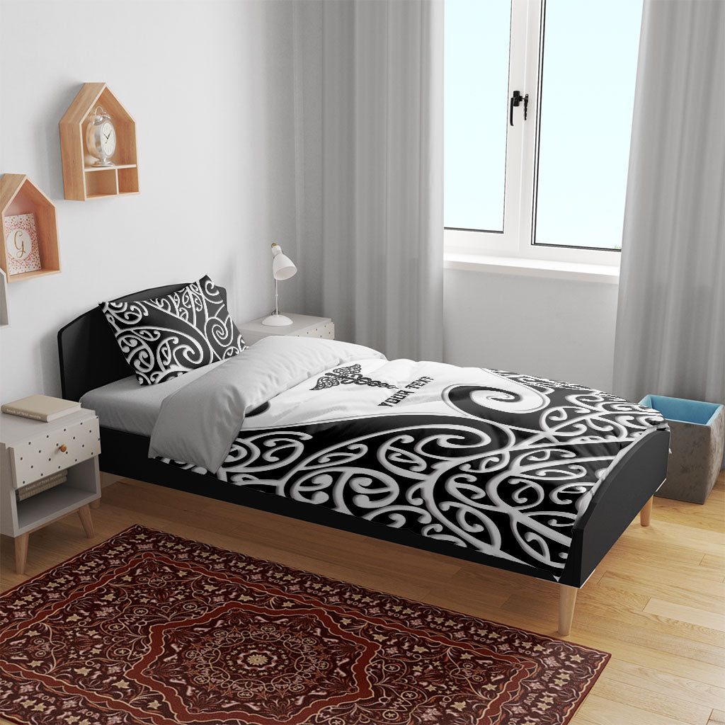 Personalised New Zealand Nurse Bedding Set Maori Koru Black Version