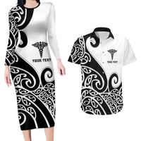 Personalised New Zealand Nurse Couples Matching Long Sleeve Bodycon Dress and Hawaiian Shirt Maori Koru Black Version LT05 Black - Polynesian Pride