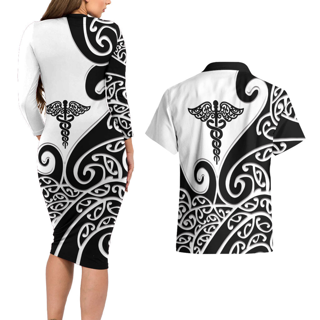 Personalised New Zealand Nurse Couples Matching Long Sleeve Bodycon Dress and Hawaiian Shirt Maori Koru Black Version LT05 - Polynesian Pride