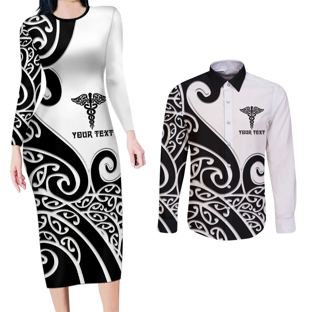 Personalised New Zealand Nurse Couples Matching Long Sleeve Bodycon Dress and Long Sleeve Button Shirt Maori Koru Black Version